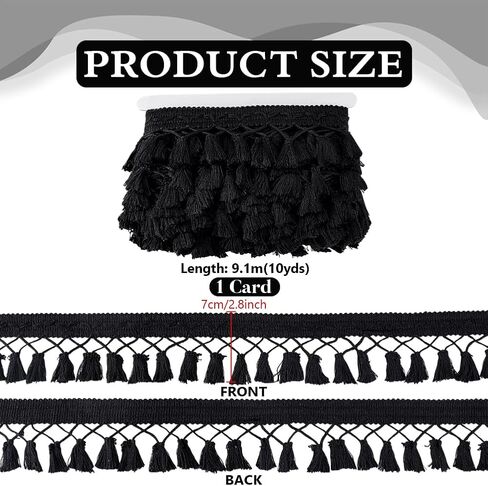 PH PandaHall 10 Yards Tassel Fringe Trim, 2-3/4 inch Black Sewing Lace Fabric Trim Polyester Tassel Ribbon Crochet Ribbon Crafting Lace for Curtain Dress Clothes Home Decor DIY Crafts in Saudi Arabia