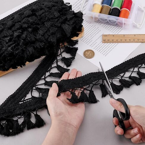 PH PandaHall 10 Yards Tassel Fringe Trim, 2-3/4 inch Black Sewing Lace Fabric Trim Polyester Tassel Ribbon Crochet Ribbon Crafting Lace for Curtain Dress Clothes Home Decor DIY Crafts in Saudi Arabia