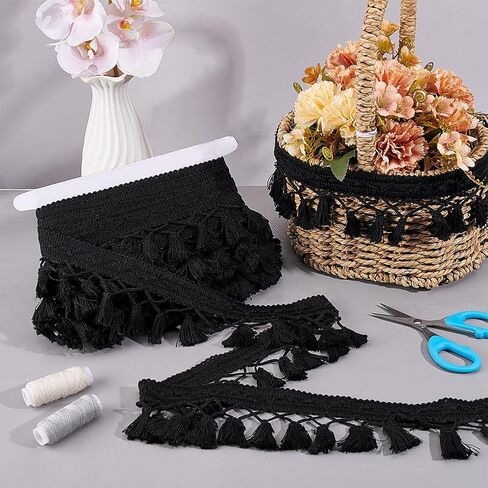 PH PandaHall 10 Yards Tassel Fringe Trim, 2-3/4 inch Black Sewing Lace Fabric Trim Polyester Tassel Ribbon Crochet Ribbon Crafting Lace for Curtain Dress Clothes Home Decor DIY Crafts in Saudi Arabia