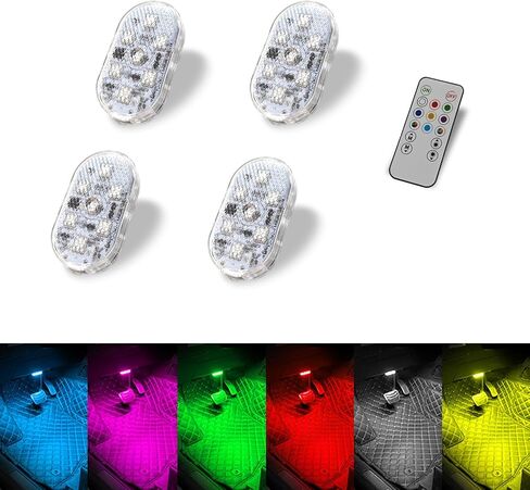4 قطع من مصابيح LED المحيطة للسيارة اللاسلكية، 7 ألوان RGB للسيارة الداخلية مع جهاز التحكم عن بعد واللمس، ضوء LED صغير مغناطيسي قابل لإعادة الشحن من النوع C للسيارات والخزانة وخزانة الملابس in Kuwait