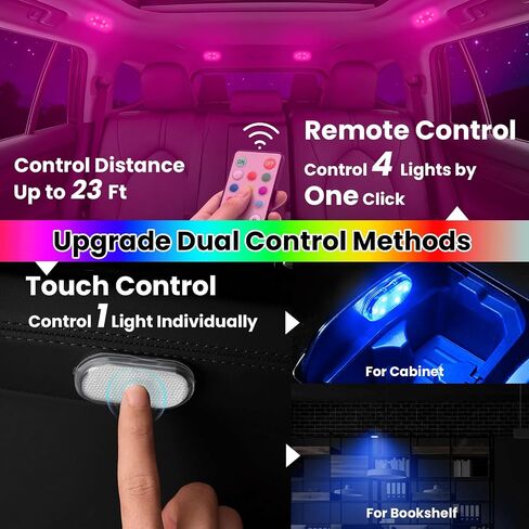 4 قطع من مصابيح LED المحيطة للسيارة اللاسلكية، 7 ألوان RGB للسيارة الداخلية مع جهاز التحكم عن بعد واللمس، ضوء LED صغير مغناطيسي قابل لإعادة الشحن من النوع C للسيارات والخزانة وخزانة الملابس in Kuwait