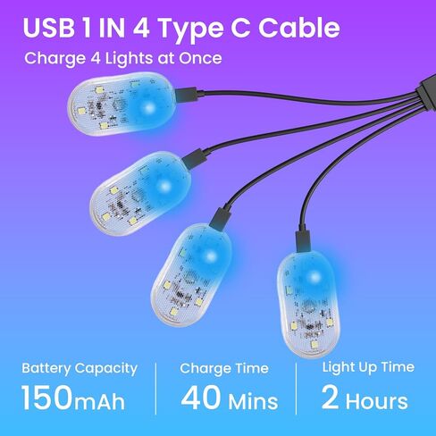 4 قطع من مصابيح LED المحيطة للسيارة اللاسلكية، 7 ألوان RGB للسيارة الداخلية مع جهاز التحكم عن بعد واللمس، ضوء LED صغير مغناطيسي قابل لإعادة الشحن من النوع C للسيارات والخزانة وخزانة الملابس in Kuwait