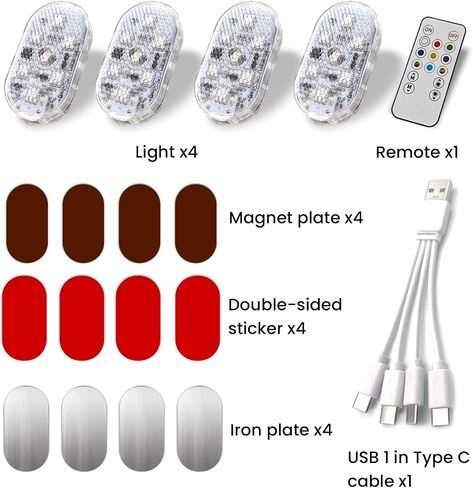 4 قطع من مصابيح LED المحيطة للسيارة اللاسلكية، 7 ألوان RGB للسيارة الداخلية مع جهاز التحكم عن بعد واللمس، ضوء LED صغير مغناطيسي قابل لإعادة الشحن من النوع C للسيارات والخزانة وخزانة الملابس in Kuwait