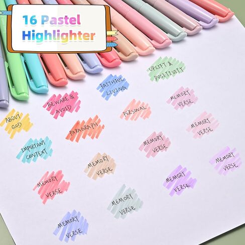 Pastel Bible Highlighter Markers 16 Pack, No Bleed, Cute Aesthetic Highlighters Assorted Colors Dry Quickly for Bible Study Journaling, Textbook Motivational Gift for Christians, Friends in Saudi Arabia