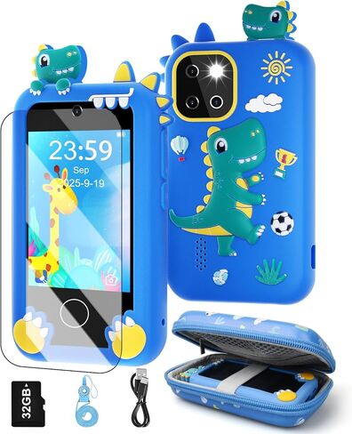 Kids Smart Phone, Christmas Birthday Gifts Dinosaur Child Play Phone for Boys 3-10, 2.8" Touchscreen HD Dual Camera Cell Phone for Kids,Travel Toy Preschool Learning Education Toy，32GB Card & Bag in Saudi Arabia