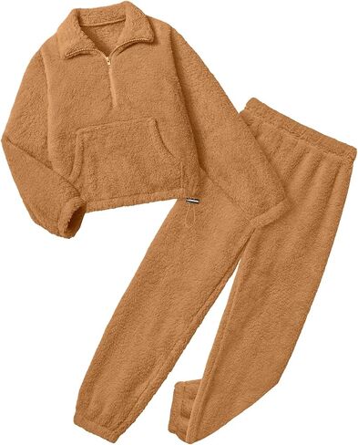 Yimoon Girls Fleece Pants Set Fuzzy 2 Piece Outfits Quarter-Zip Sweatshirt Pants Fall Winter Girls Clothing Set in Saudi Arabia