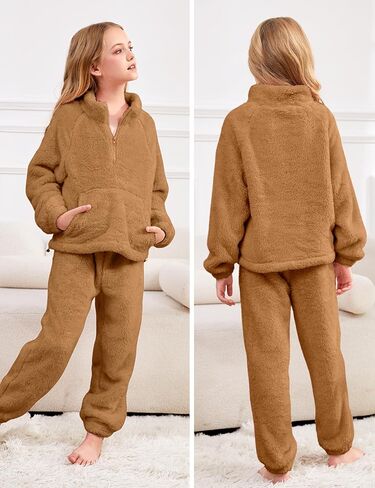 Yimoon Girls Fleece Pants Set Fuzzy 2 Piece Outfits Quarter-Zip Sweatshirt Pants Fall Winter Girls Clothing Set in Saudi Arabia