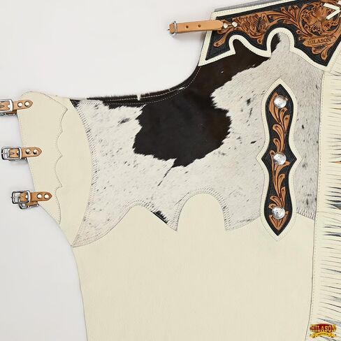 HILASON Bull Riding Chinks Adult Pro Rodeo Bronc Leather White | Handmade Chaps Western for Adults Hand Tooled in Saudi Arabia