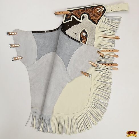 HILASON Bull Riding Chinks Adult Pro Rodeo Bronc Leather White | Handmade Chaps Western for Adults Hand Tooled in Saudi Arabia