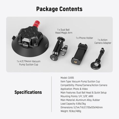 NEEWER 6" Suction Cup Camera Mount Compatible with GoPro, Metal Car Windshield Dash Ball Head Magic Arm with Action Cam Adapter Cleaning Cloth for DSLR Phone Holder, for POV Video Recording, CA013 in Saudi Arabia