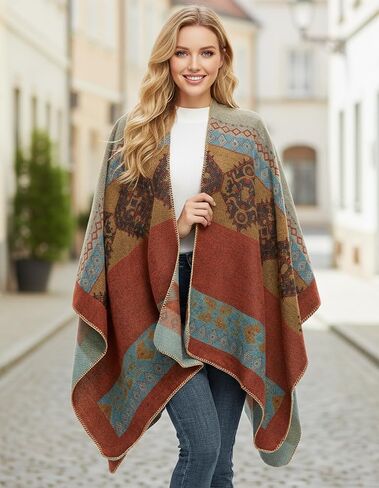 Women's Travel Plaid Shawl Wraps Open Front Poncho Cape Warm Oversized Sweaters Casual Cardigan Shawls for Fall Winter,Series 02-Navy blue in Kuwait