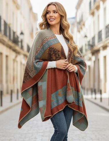 Women's Travel Plaid Shawl Wraps Open Front Poncho Cape Warm Oversized Sweaters Casual Cardigan Shawls for Fall Winter,Series 02-Navy blue in Kuwait