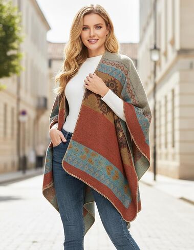 Women's Travel Plaid Shawl Wraps Open Front Poncho Cape Warm Oversized Sweaters Casual Cardigan Shawls for Fall Winter,Series 02-Navy blue in Kuwait