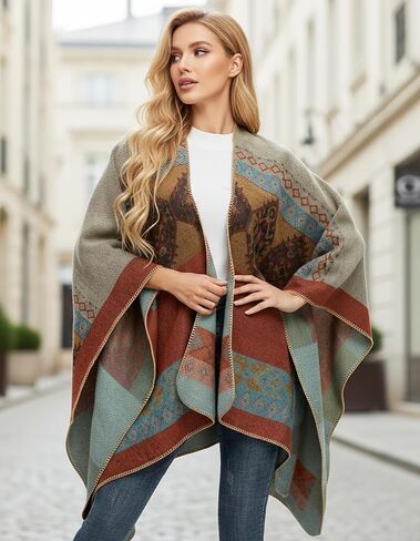 Women's Travel Plaid Shawl Wraps Open Front Poncho Cape Warm Oversized Sweaters Casual Cardigan Shawls for Fall Winter,Series 02-Navy blue in Kuwait