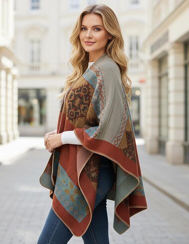 Women's Travel Plaid Shawl Wraps Open Front Poncho Cape Warm Oversized Sweaters Casual Cardigan Shawls for Fall Winter,Series 02-Navy blue in Kuwait