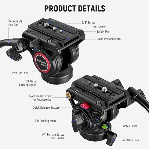 رأس سائل ثلاثي القوائم من NEEWER مع قاعدة تسوية +/-10 درجة، حامل رأس إمالة معدني مع لوحة QR من نوع Arca قطعة قماش تنظيف بمقبض تلسكوبي لكاميرا الفيديو الرقمية ذات العدسة الأحادية العاكسة المدمجة، أقصى تحميل 8.8 رطل/4 كجم، GM27 in Kuwait