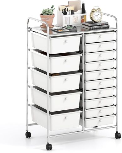 RELAX4LIFE 15-Drawer Rolling Storage Cart - Utility Cart with Metal Frame, Lockable Wheels & Removable Drawers, Multipurpose Art Craft Organizer for Home Office, Classroom (White) in Kuwait