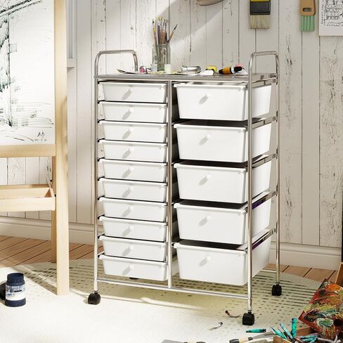 RELAX4LIFE 15-Drawer Rolling Storage Cart - Utility Cart with Metal Frame, Lockable Wheels & Removable Drawers, Multipurpose Art Craft Organizer for Home Office, Classroom (White) in Kuwait