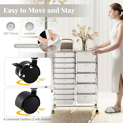 RELAX4LIFE 15-Drawer Rolling Storage Cart - Utility Cart with Metal Frame, Lockable Wheels & Removable Drawers, Multipurpose Art Craft Organizer for Home Office, Classroom (White) in Kuwait