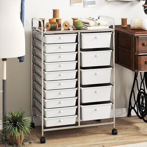 RELAX4LIFE 15-Drawer Rolling Storage Cart - Utility Cart with Metal Frame, Lockable Wheels & Removable Drawers, Multipurpose Art Craft Organizer for Home Office, Classroom (White) in Kuwait
