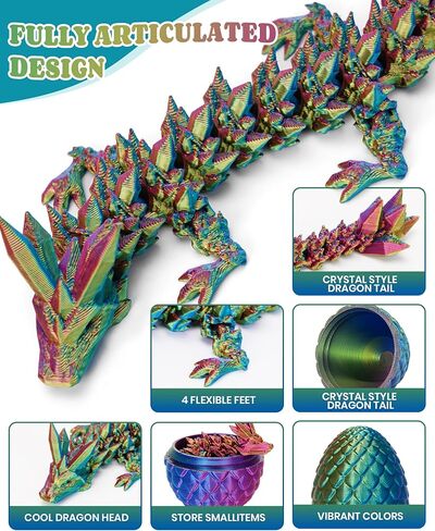 تنين مطبوع ثلاثي الأبعاد مقاس 12 بوصة - بيضة مفاجأة غامضة مع تنين مفصلي مرن بالداخل، ألعاب تنين رائعة للأولاد والأطفال من سن 5 إلى 7 سنوات in Kuwait