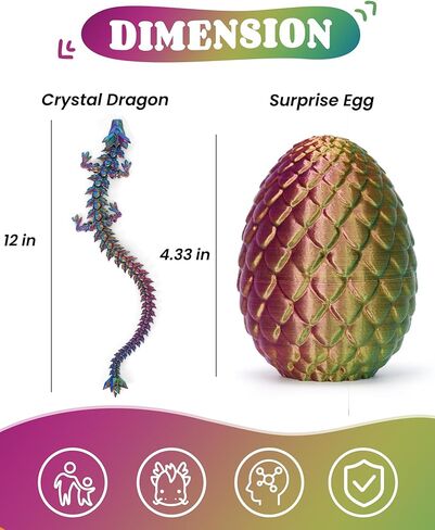 تنين مطبوع ثلاثي الأبعاد مقاس 12 بوصة - بيضة مفاجأة غامضة مع تنين مفصلي مرن بالداخل، ألعاب تنين رائعة للأولاد والأطفال من سن 5 إلى 7 سنوات in Kuwait