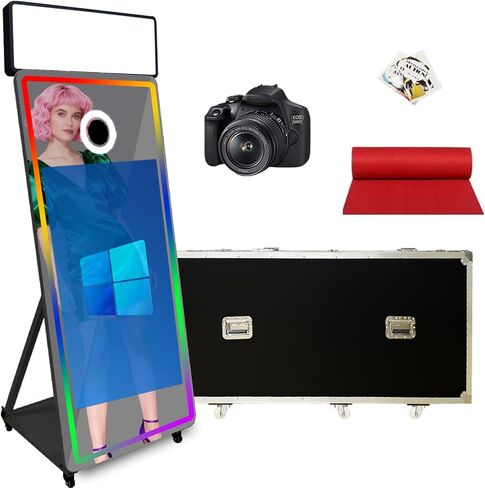 كشك صور بمرآة سحرية مع شاشة تعمل باللمس مقاس 43 بوصة، كشك صور محمول مزود بإضاءة LED RGB وحقيبة طيران لتأجير حفلات الزفاف والمناسبات (أسود، كشك الصور) in Kuwait