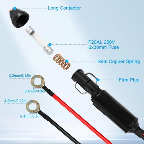 10FT 14AWG ولاعة السجائر ذكر إلى O Ring Terminal Harness Extension Cable 20A 12V/24V كابل توصيل ذكر ولاعة السجائر شديد التحمل، 8 مم طرف حلقة العيينة in Saudi Arabia
