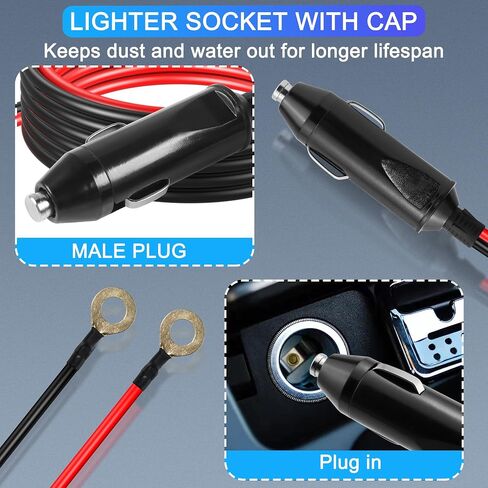 10FT 14AWG ولاعة السجائر ذكر إلى O Ring Terminal Harness Extension Cable 20A 12V/24V كابل توصيل ذكر ولاعة السجائر شديد التحمل، 8 مم طرف حلقة العيينة in Saudi Arabia