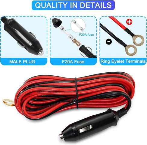 10FT 14AWG ولاعة السجائر ذكر إلى O Ring Terminal Harness Extension Cable 20A 12V/24V كابل توصيل ذكر ولاعة السجائر شديد التحمل، 8 مم طرف حلقة العيينة in Saudi Arabia