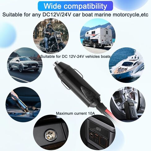 10FT 14AWG ولاعة السجائر ذكر إلى O Ring Terminal Harness Extension Cable 20A 12V/24V كابل توصيل ذكر ولاعة السجائر شديد التحمل، 8 مم طرف حلقة العيينة in Saudi Arabia