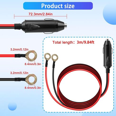 10FT 14AWG ولاعة السجائر ذكر إلى O Ring Terminal Harness Extension Cable 20A 12V/24V كابل توصيل ذكر ولاعة السجائر شديد التحمل، 8 مم طرف حلقة العيينة in Saudi Arabia
