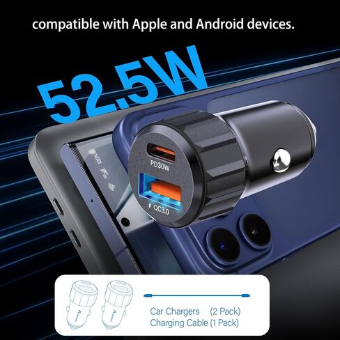 شاحن سيارة 52.5 واط USB C، محول ولاعة السجائر، محول شحن عالمي للسيارة 12 فولت/24 فولت، لهاتف iPhone 17 Pro Max Air، سلسلة 16/15/14/13/12، Samsung، Google، iPad، AirPods، أجهزة Android in Kuwait