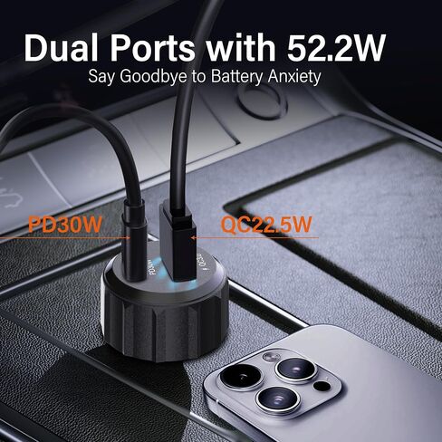شاحن سيارة 52.5 واط USB C، محول ولاعة السجائر، محول شحن عالمي للسيارة 12 فولت/24 فولت، لهاتف iPhone 17 Pro Max Air، سلسلة 16/15/14/13/12، Samsung، Google، iPad، AirPods، أجهزة Android in Kuwait