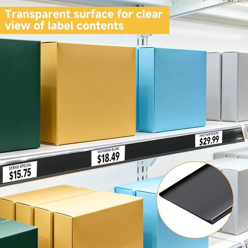 50 قطعة من شرائط ملصقات الرف، حامل ملصقات رف ذاتي اللصق، 1.5 بوصة ارتفاع × 48 بوصة طول مع 50 ورقة ملصقات بيضاء، حامل بطاقة الأسعار، مشبك أرفف بلاستيكية شفافة لرفوف جندول السوبر ماركت in Kuwait