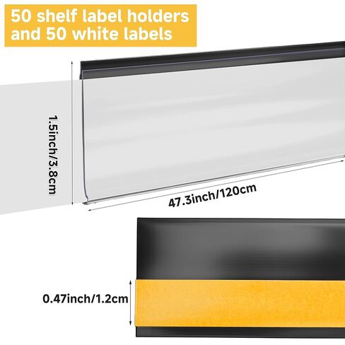 50 قطعة من شرائط ملصقات الرف، حامل ملصقات رف ذاتي اللصق، 1.5 بوصة ارتفاع × 48 بوصة طول مع 50 ورقة ملصقات بيضاء، حامل بطاقة الأسعار، مشبك أرفف بلاستيكية شفافة لرفوف جندول السوبر ماركت in Kuwait