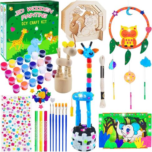 BEILUOYOO Wooden Painting Crafts for Kids - Art and Craft Kits for Kids 5-12 - Decorate & Build Your Own 3D Wood Animal Figures with Paint and Gem - Creative Activities Birthday Gifts for Girls Boys in Saudi Arabia