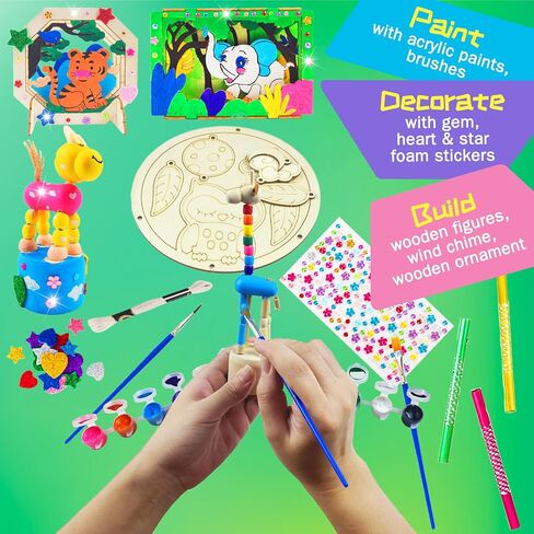 BEILUOYOO Wooden Painting Crafts for Kids - Art and Craft Kits for Kids 5-12 - Decorate & Build Your Own 3D Wood Animal Figures with Paint and Gem - Creative Activities Birthday Gifts for Girls Boys in Saudi Arabia