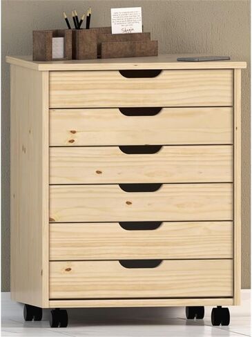 Riverbay Furniture Six Drawer Wide Wood Rolling Cart in White Wash in Saudi Arabia
