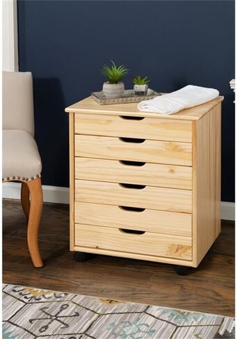 Riverbay Furniture Six Drawer Wide Wood Rolling Cart in White Wash in Saudi Arabia