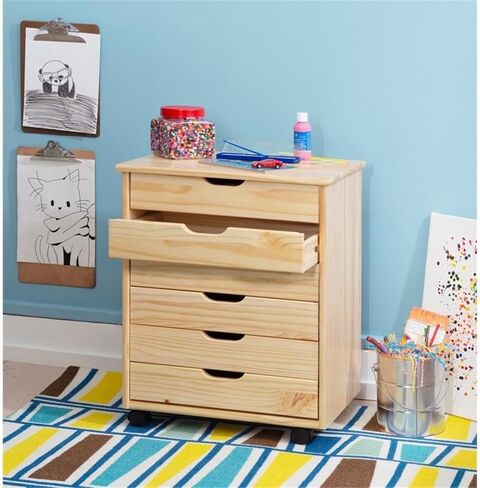 Riverbay Furniture Six Drawer Wide Wood Rolling Cart in White Wash in Saudi Arabia