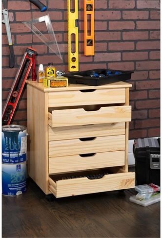 Riverbay Furniture Six Drawer Wide Wood Rolling Cart in White Wash in Saudi Arabia