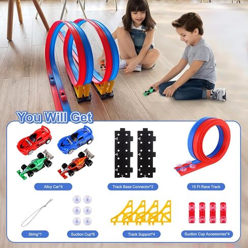 مسار سيارة سباق مرن للأطفال - منحدر قابل للانحناء بطول 15 قدمًا مع أكواب شفط - مسار سيارة قابل للطي للأطفال متوافق مع سيارات دييكاست 1:64 - عيد الميلاد للأولاد والبنات من سن 3 سنوات فما فوق in Kuwait