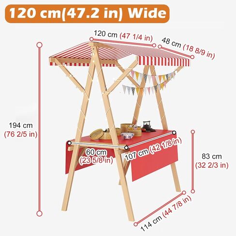 Wooden Street Booth Vendor Display Stand, Rolling Market Cart Stall with Red Awning & Table Cloth, Outdoor Vending Kiosk for Retail Shops Fairs(W 150CM/59in) in Saudi Arabia