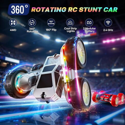 WayEee Remote Control Car for Boys 4-7, 360° Flips Rotating RC Stunt Car with Type-C Charging and LED Lights Strips, 2.4 GHZ Double Sided All Terrain 4WD RC Cars for Girl Boys Christmas Birthday Gift in Saudi Arabia