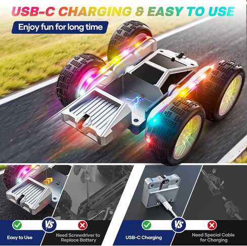 WayEee Remote Control Car for Boys 4-7, 360° Flips Rotating RC Stunt Car with Type-C Charging and LED Lights Strips, 2.4 GHZ Double Sided All Terrain 4WD RC Cars for Girl Boys Christmas Birthday Gift in Saudi Arabia