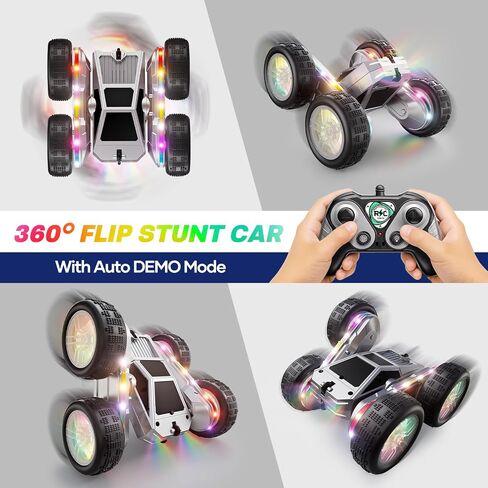 WayEee Remote Control Car for Boys 4-7, 360° Flips Rotating RC Stunt Car with Type-C Charging and LED Lights Strips, 2.4 GHZ Double Sided All Terrain 4WD RC Cars for Girl Boys Christmas Birthday Gift in Saudi Arabia