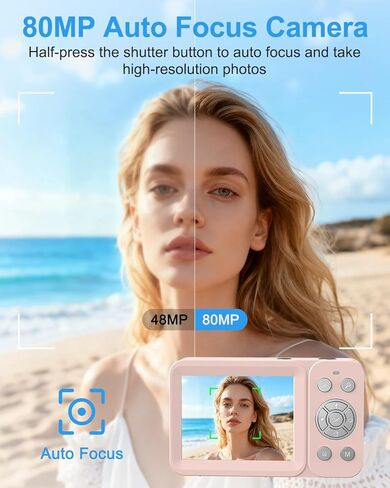 كاميرا رقمية، كاميرا تسجيل فيديو بدقة 5K للتصوير الفوتوغرافي، كاميرا رقمية مزدوجة بدقة 80 ميجابكسل للتوجيه والتقاط الصور مع تركيز تلقائي، تكبير 18X، فلاش، بطاريتان، بطاقة 32 جيجابايت، وردي in Kuwait