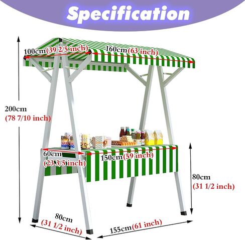 Floor Foldable Display Stand at Farmers Market, Commercial Steel Vendor Stand with Canopy & Tablecloth, Portable Modern Street Food Stall Showing Rack(Green,L 1.9m(74 4/5 inch)) in Saudi Arabia