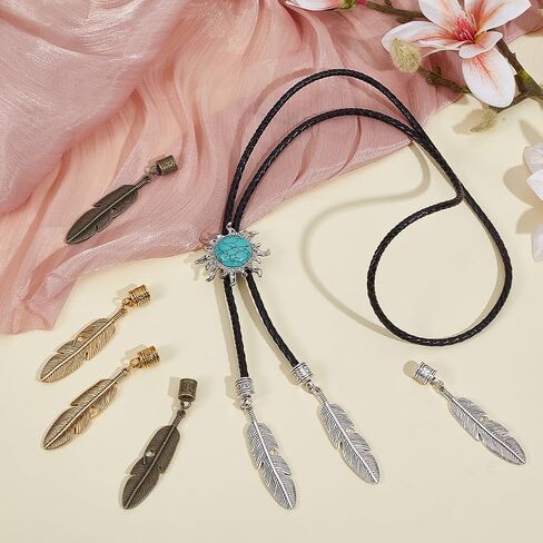 NBEADS 24 Pcs 3 Colors Bolo Tie Tips, Alloy Feather Bolo Tie Supplies Replacement Vintage Cord End Caps for DIY Crafts Clothes Decor Making, 3 Inch in Saudi Arabia